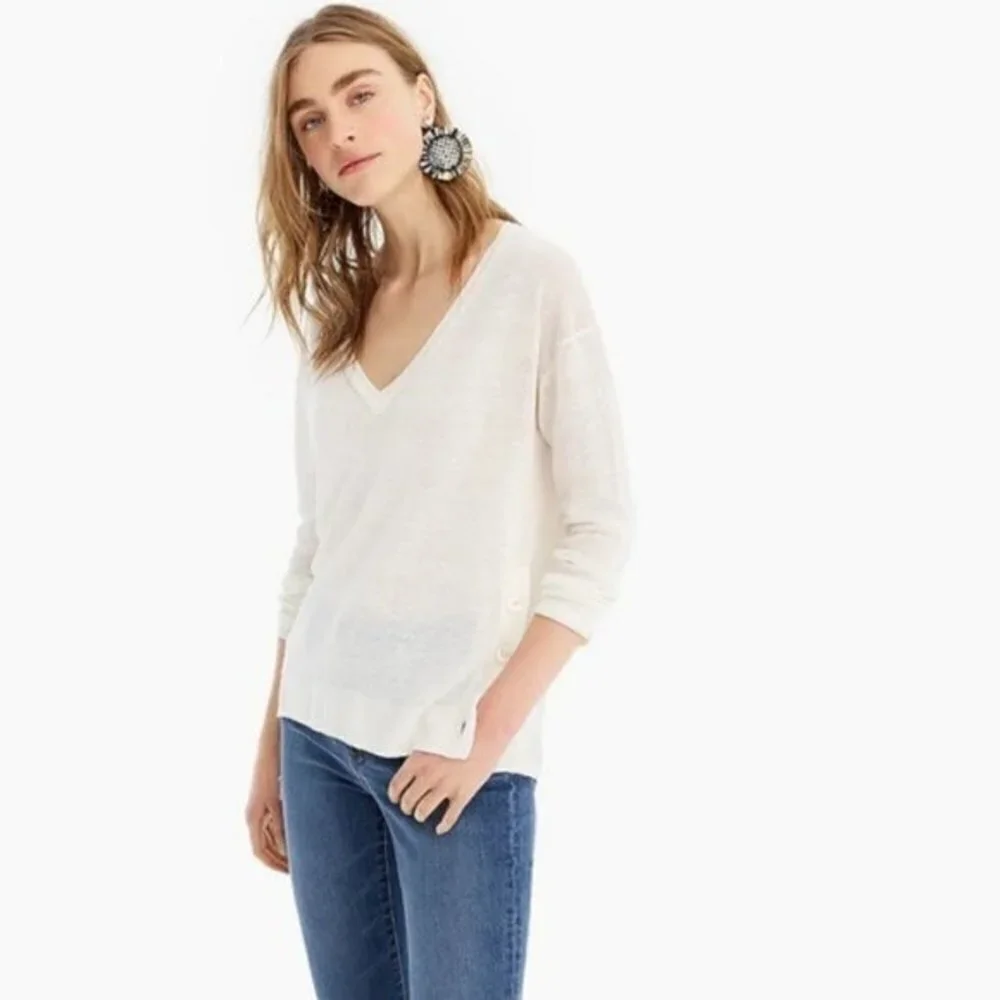 J.CREW Side Button Linen Blend V-neck Sweater in White Women's Size Small - Picture 9 of 9